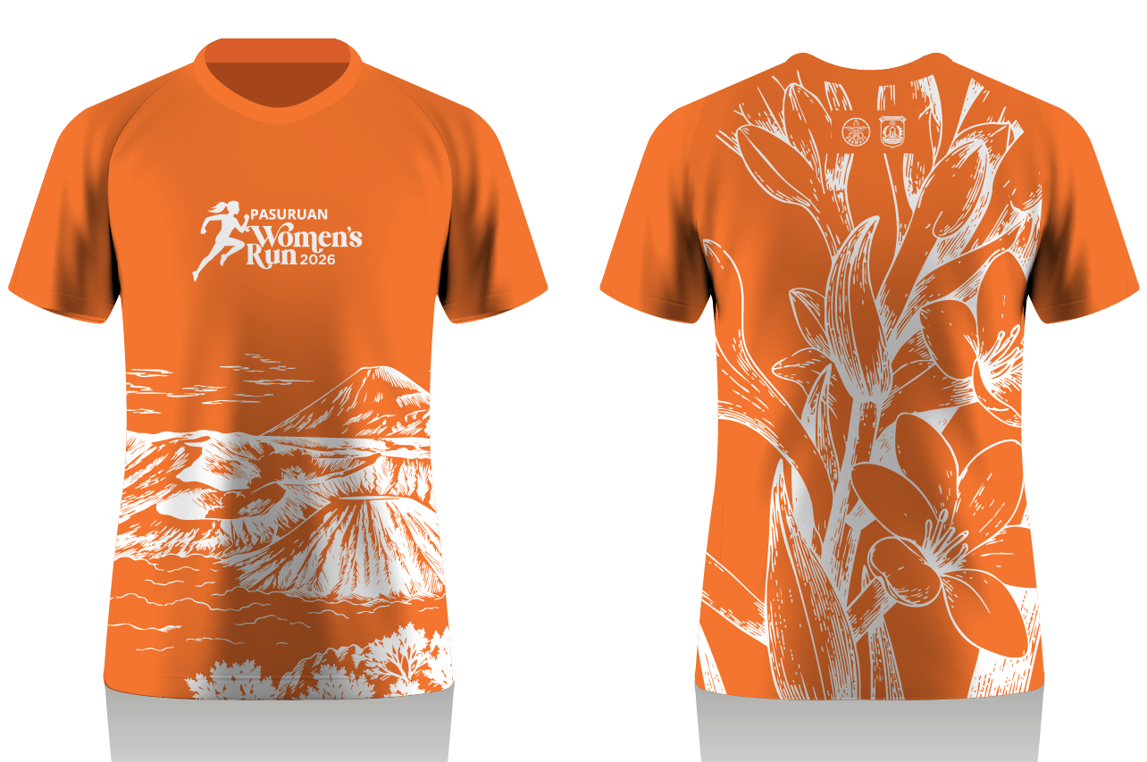 Jersey resmi Pasuruan Women's Run 2026 — tampak depan dan belakang